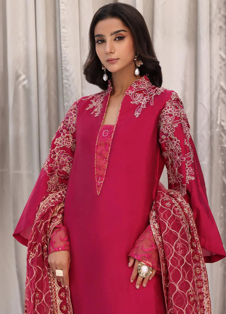 Moonlit Glam by Musferah Saad Pret Embroidered Tissue Silk 3 Piece Suit Cherry Wine