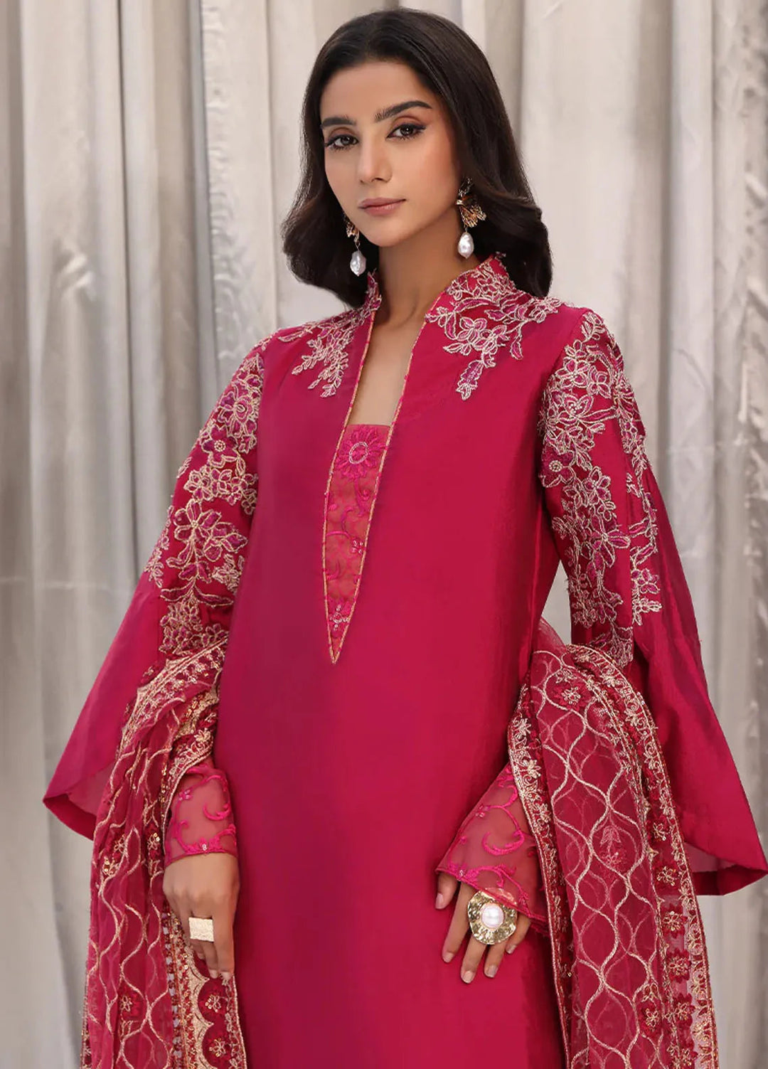 Moonlit Glam by Musferah Saad Pret Embroidered Tissue Silk 3 Piece Suit Cherry Wine