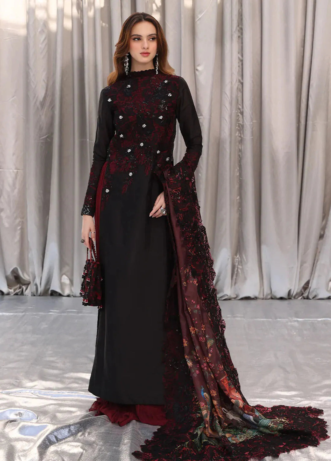 Moonlit Glam by Musferah Saad Pret Embroidered Tissue Silk 3 Piece Suit Crimson Noir