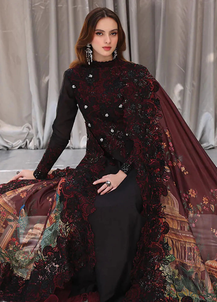 Moonlit Glam by Musferah Saad Pret Embroidered Tissue Silk 3 Piece Suit Crimson Noir