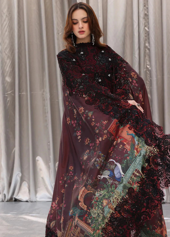 Moonlit Glam by Musferah Saad Pret Embroidered Tissue Silk 3 Piece Suit Crimson Noir