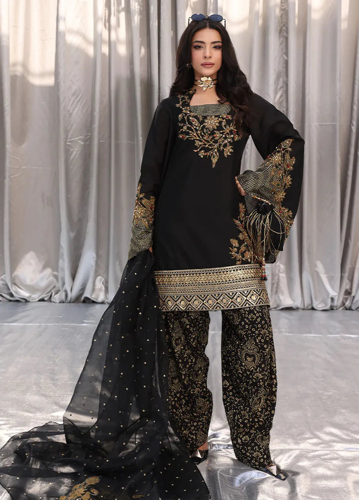 Moonlit Glam by Musferah Saad Pret Embroidered Tissue Silk 3 Piece Suit Midnight bloom