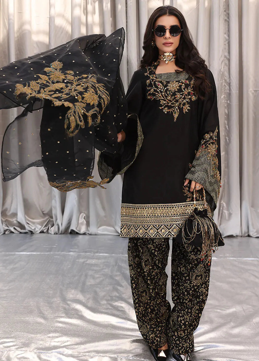 Moonlit Glam by Musferah Saad Pret Embroidered Tissue Silk 3 Piece Suit Midnight bloom