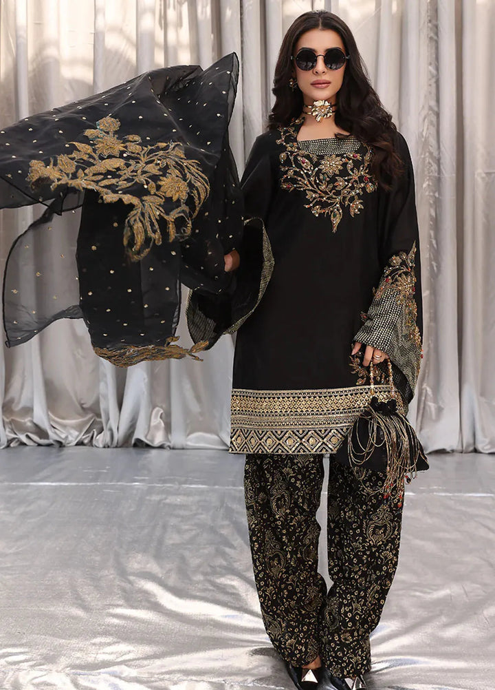 Moonlit Glam by Musferah Saad Pret Embroidered Tissue Silk 3 Piece Suit Midnight bloom