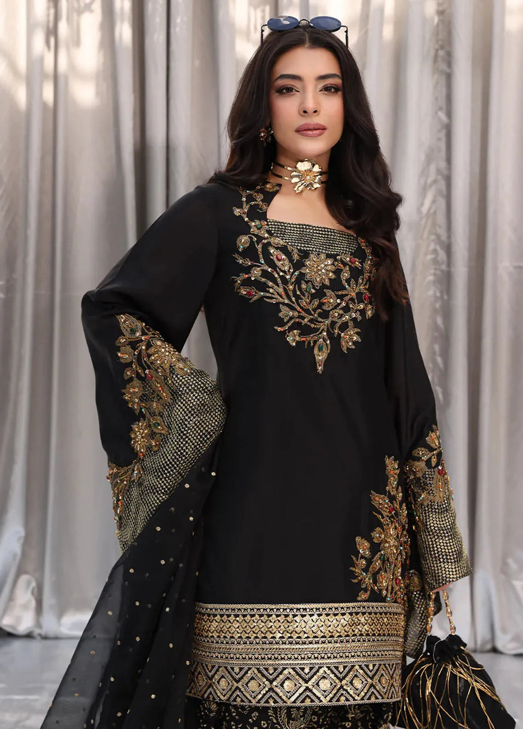 Moonlit Glam by Musferah Saad Pret Embroidered Tissue Silk 3 Piece Suit Midnight bloom