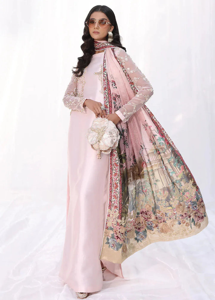Moonlit Glam by Musferah Saad Pret Embroidered Tissue Silk 3 Piece Suit Mystic Blush