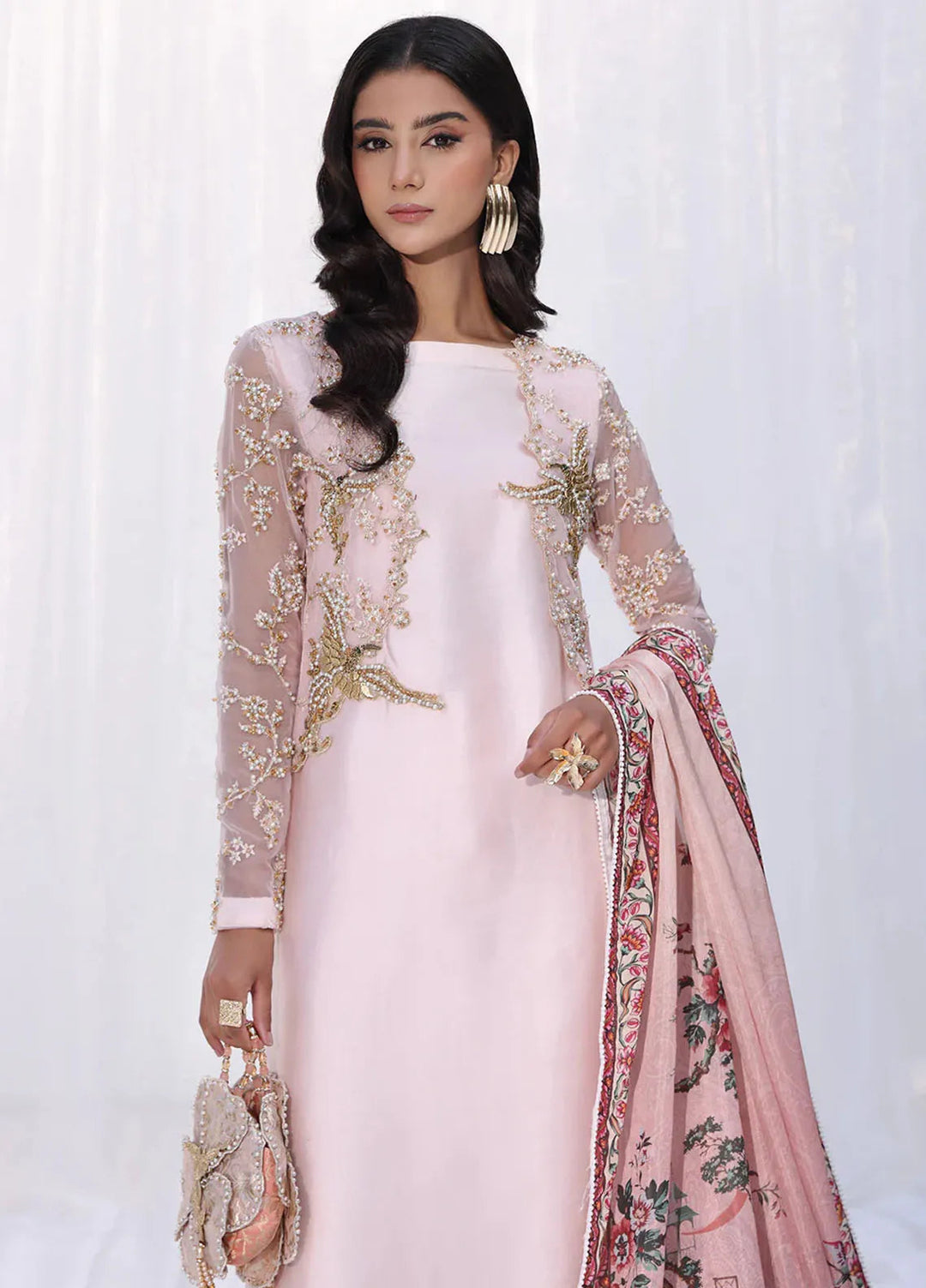 Moonlit Glam by Musferah Saad Pret Embroidered Tissue Silk 3 Piece Suit Mystic Blush