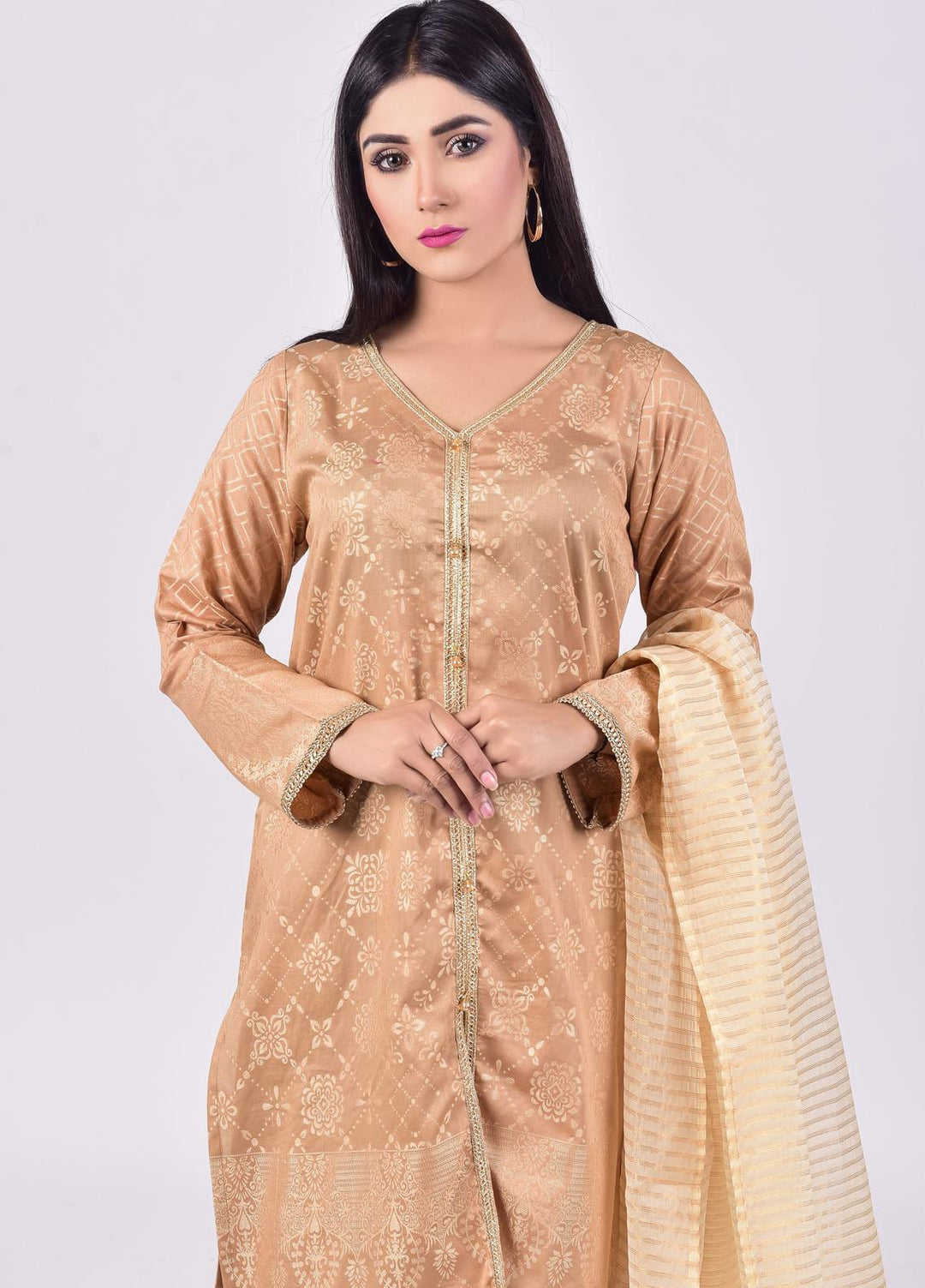 Mosaic Embroidered Jacquard Stitched 3 Piece Suit D-6501-Golden