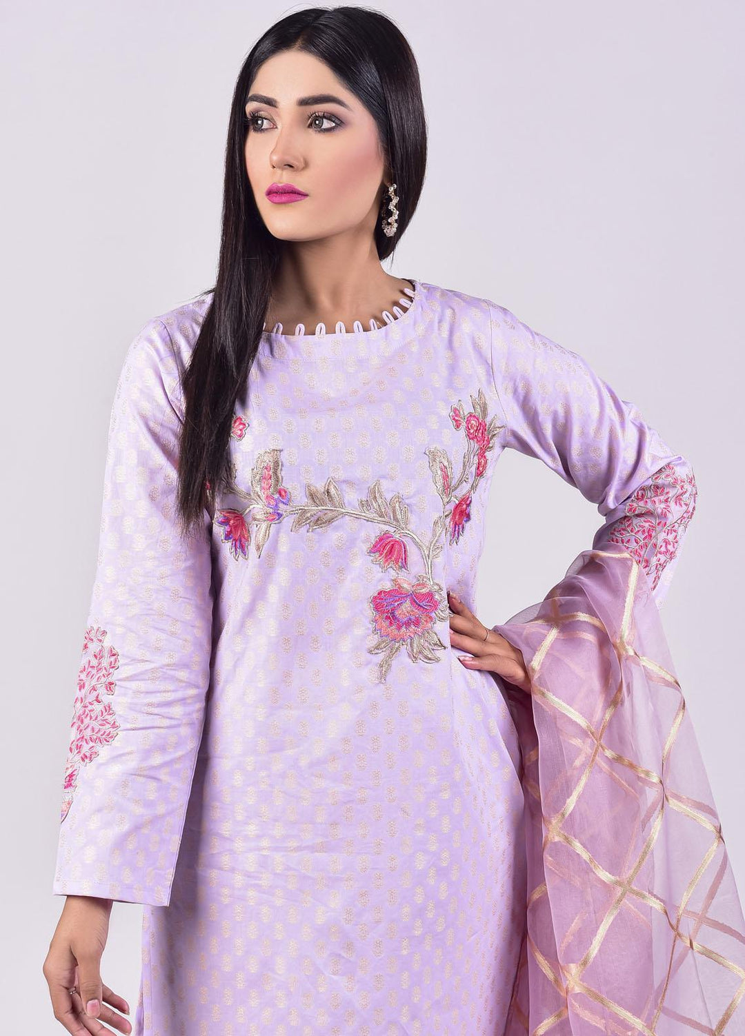 Mosaic Embroidered Jacquard Stitched 3 Piece Suit D-7101 Purple