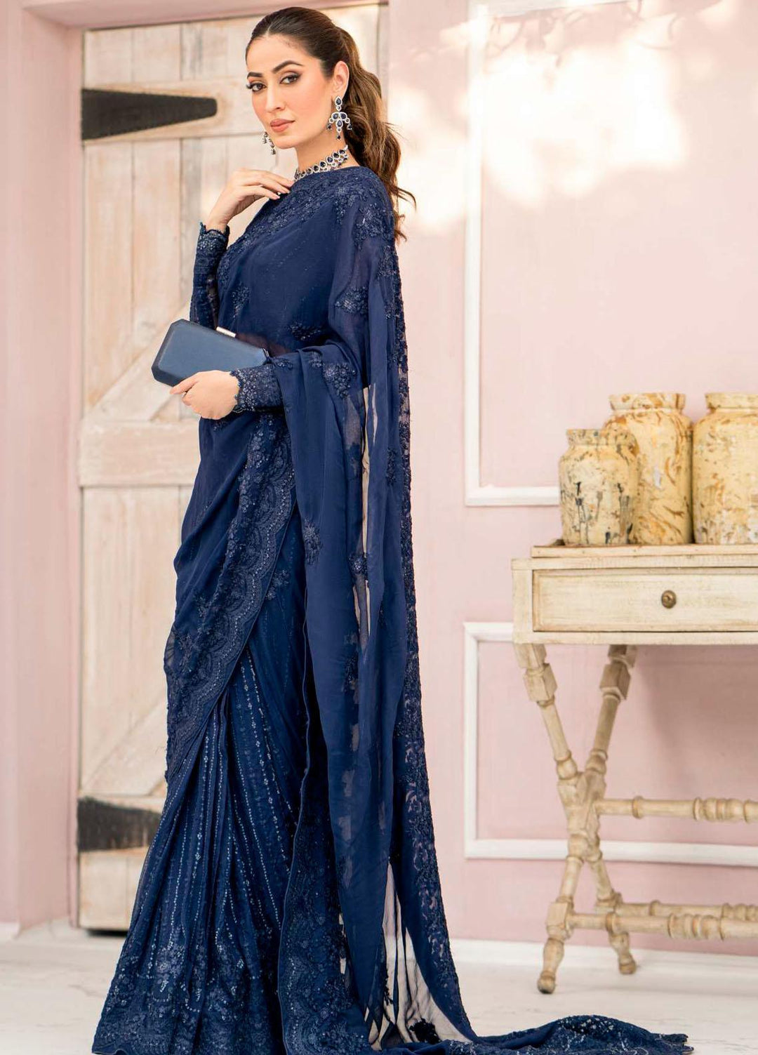 Motifz Embroidered Chiffon  Unstitched Saree MT23PB MWU04120 Caspara - Luxury Collection