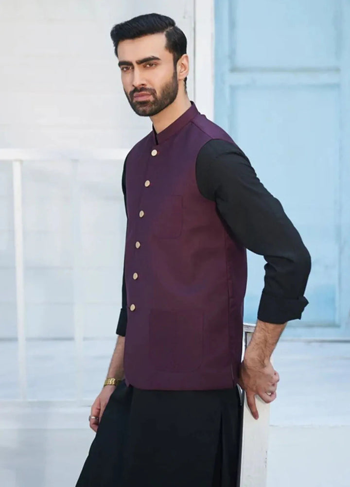 Muraqsh Black Kameez Shalwar with Burgundy Suiting Waistcoat Round Cut