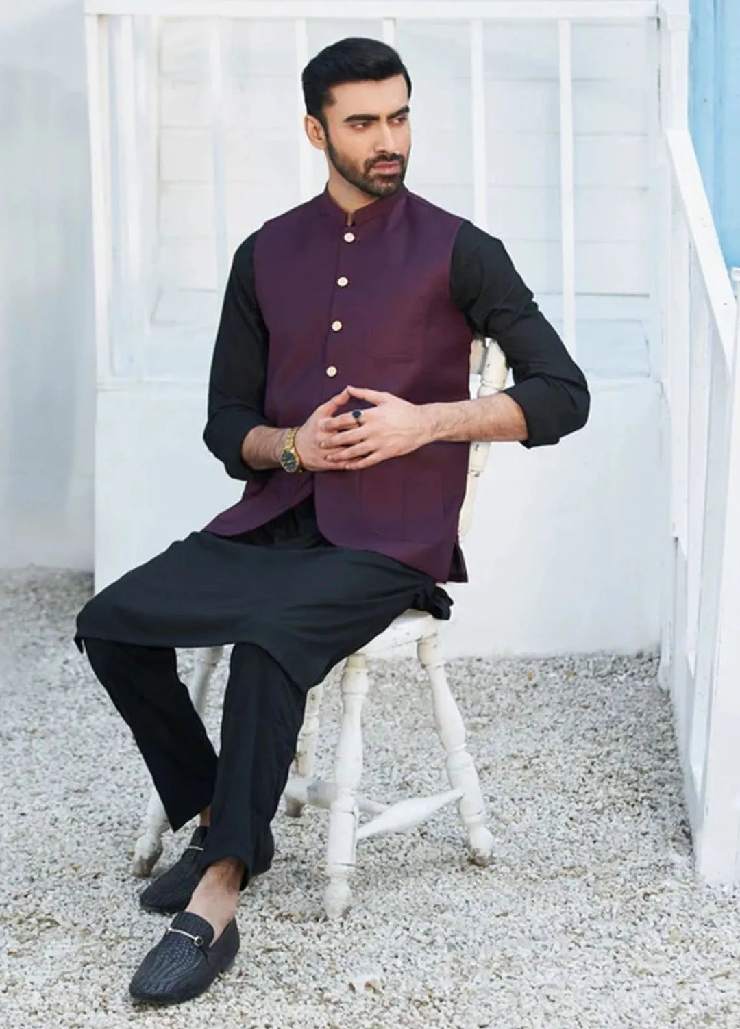 Muraqsh Black Kameez Shalwar with Burgundy Suiting Waistcoat Round Cut