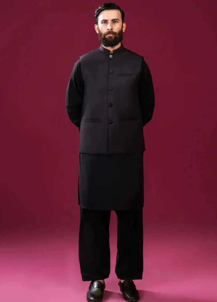 Muraqsh Black Kameez Shalwar with Suiting Waistcoat Straight Cut