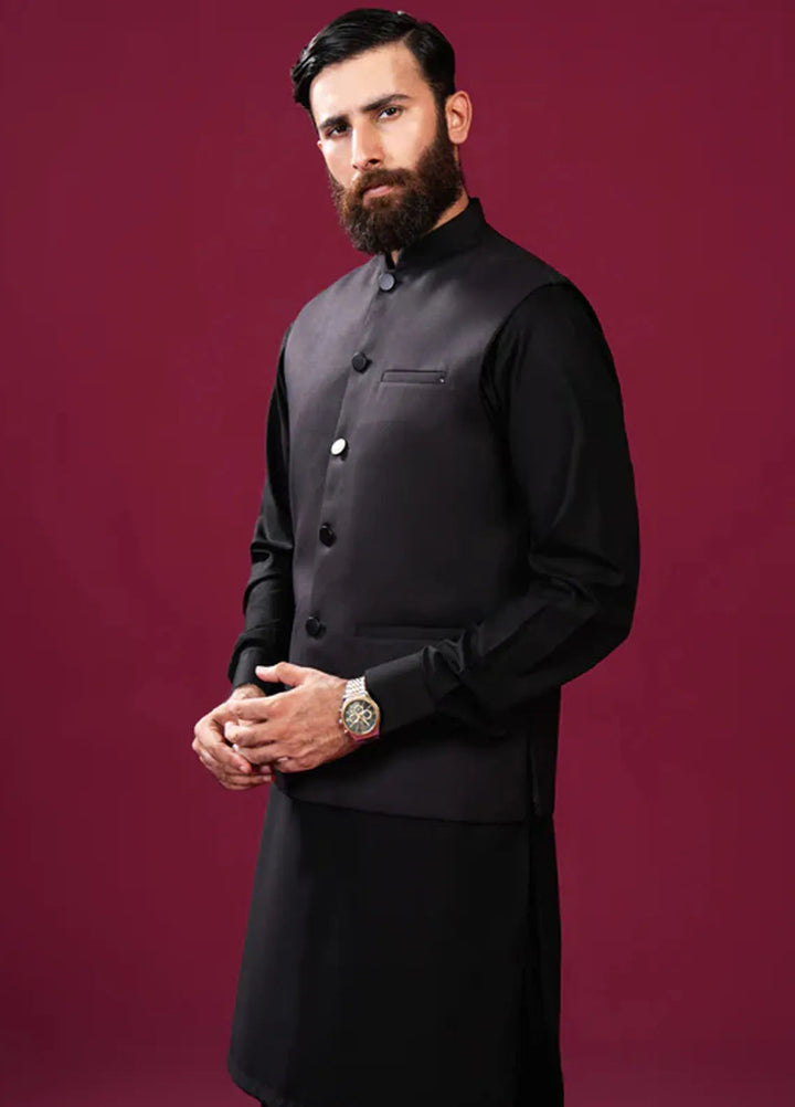 Muraqsh Black Kameez Shalwar with Suiting Waistcoat Straight Cut