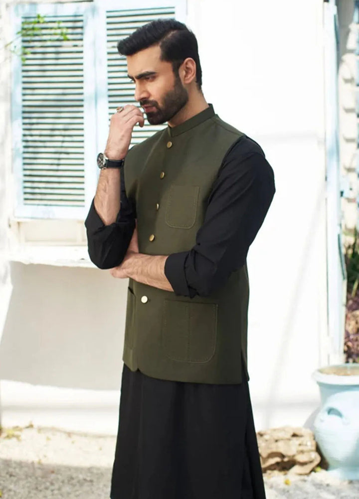 Muraqsh Black Kurta Trouser with Army Green Suiting Waistcoat Round Cut