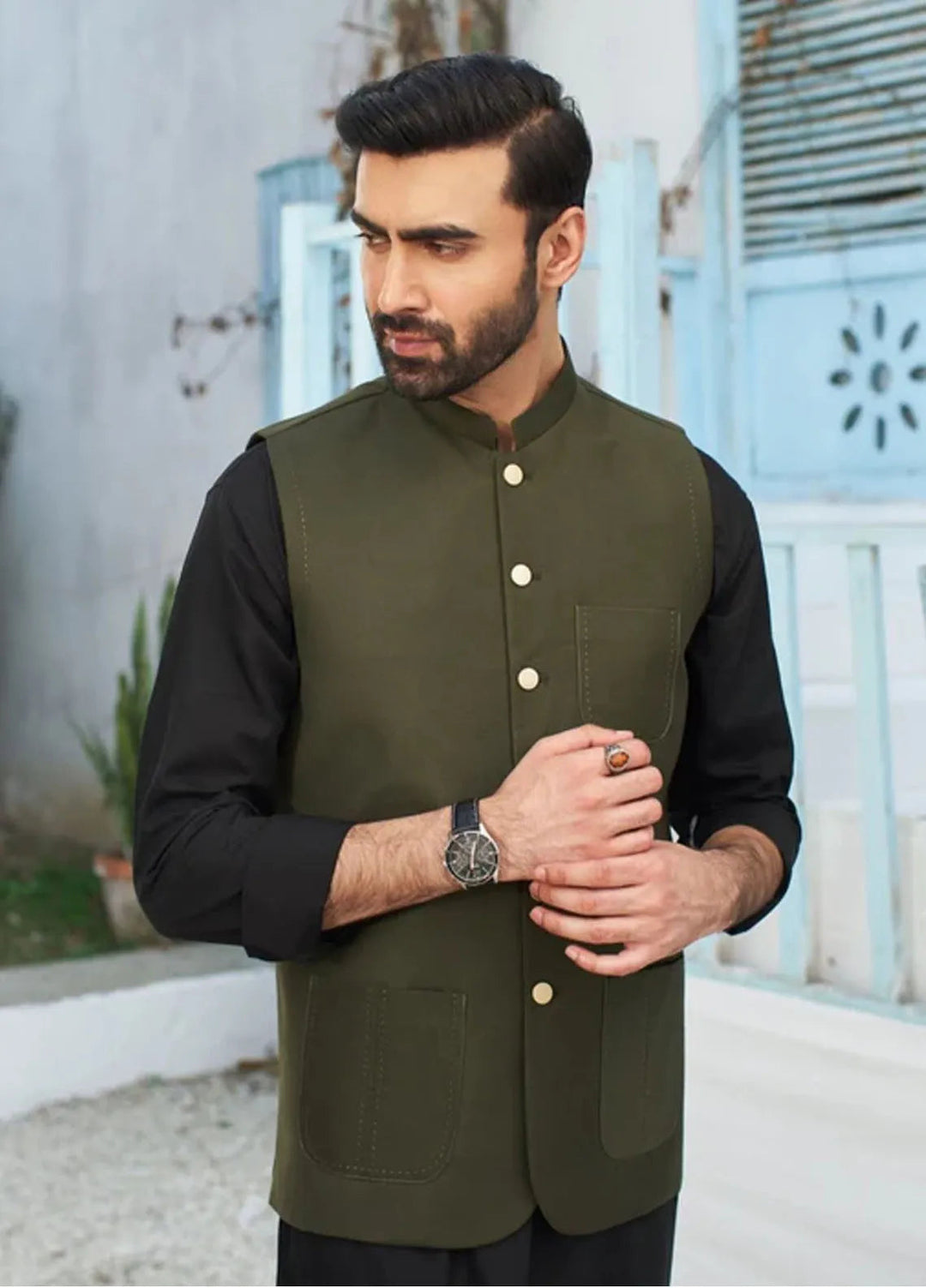 Muraqsh Black Kurta Trouser with Army Green Suiting Waistcoat Round Cut