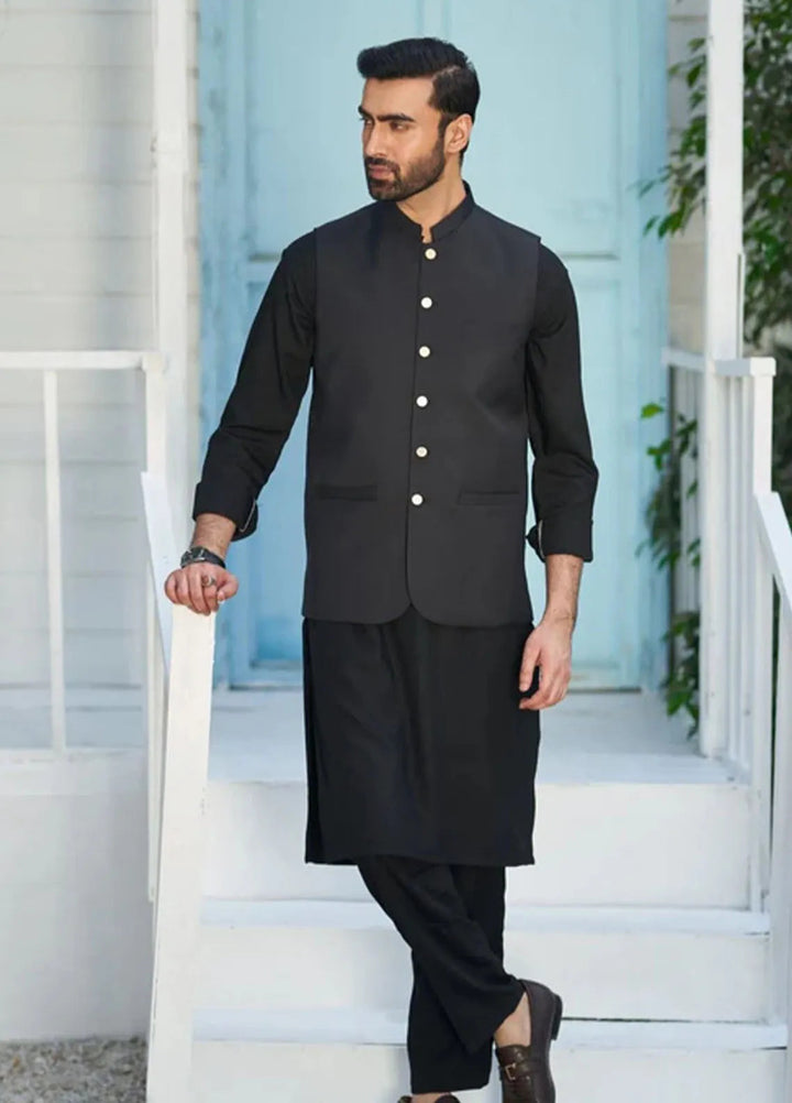 Muraqsh Black Kurta Trouser with Suiting Waistcoat Round Cut
