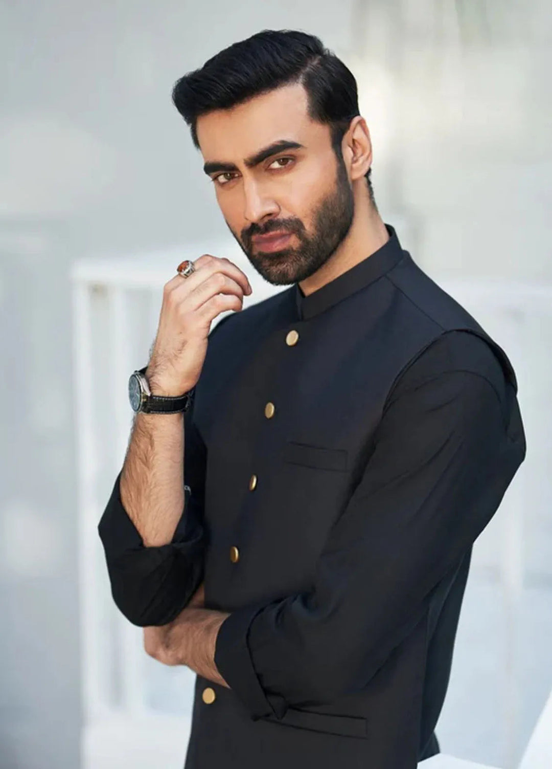 Muraqsh Black Kurta Trouser with Suiting Waistcoat Round Cut