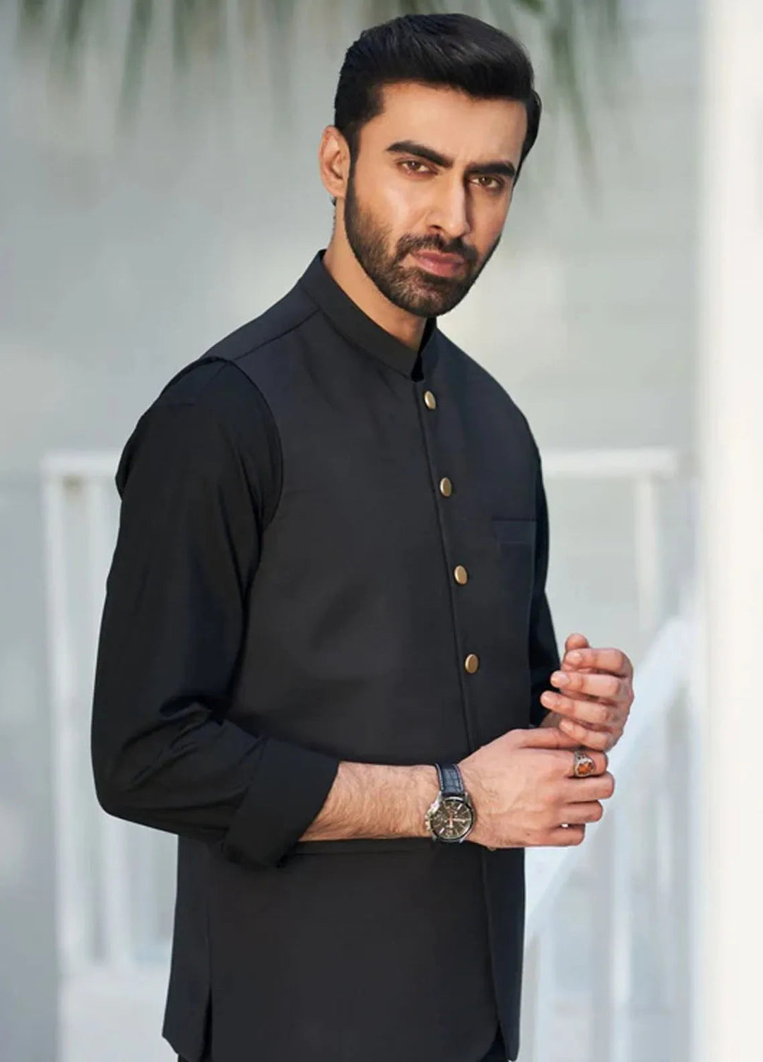 Muraqsh Black Kurta Trouser with Suiting Waistcoat Round Cut