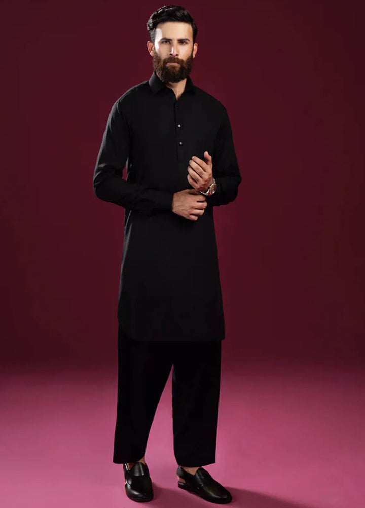 Muraqsh Blended Mens Black French Collar Kameez Shalwar