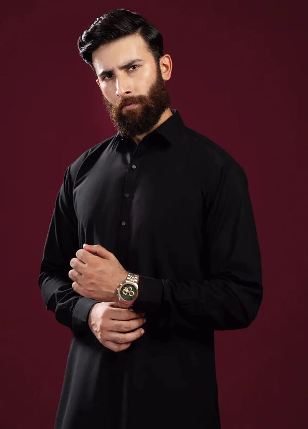 Muraqsh Blended Mens Black French Collar Kameez Shalwar