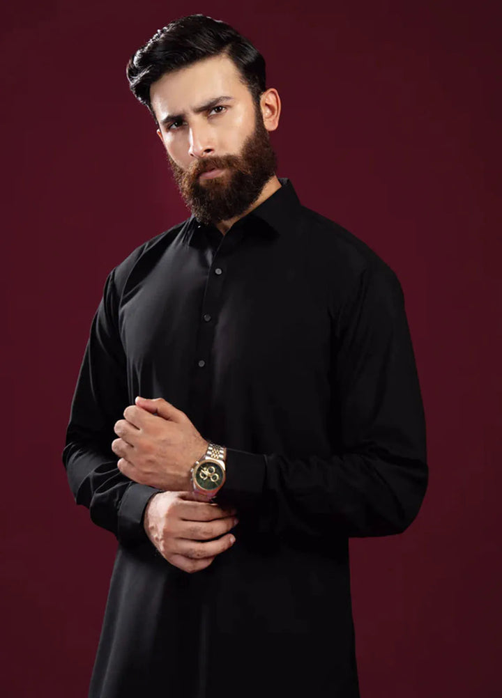 Muraqsh Blended Mens Black French Collar Kameez Shalwar