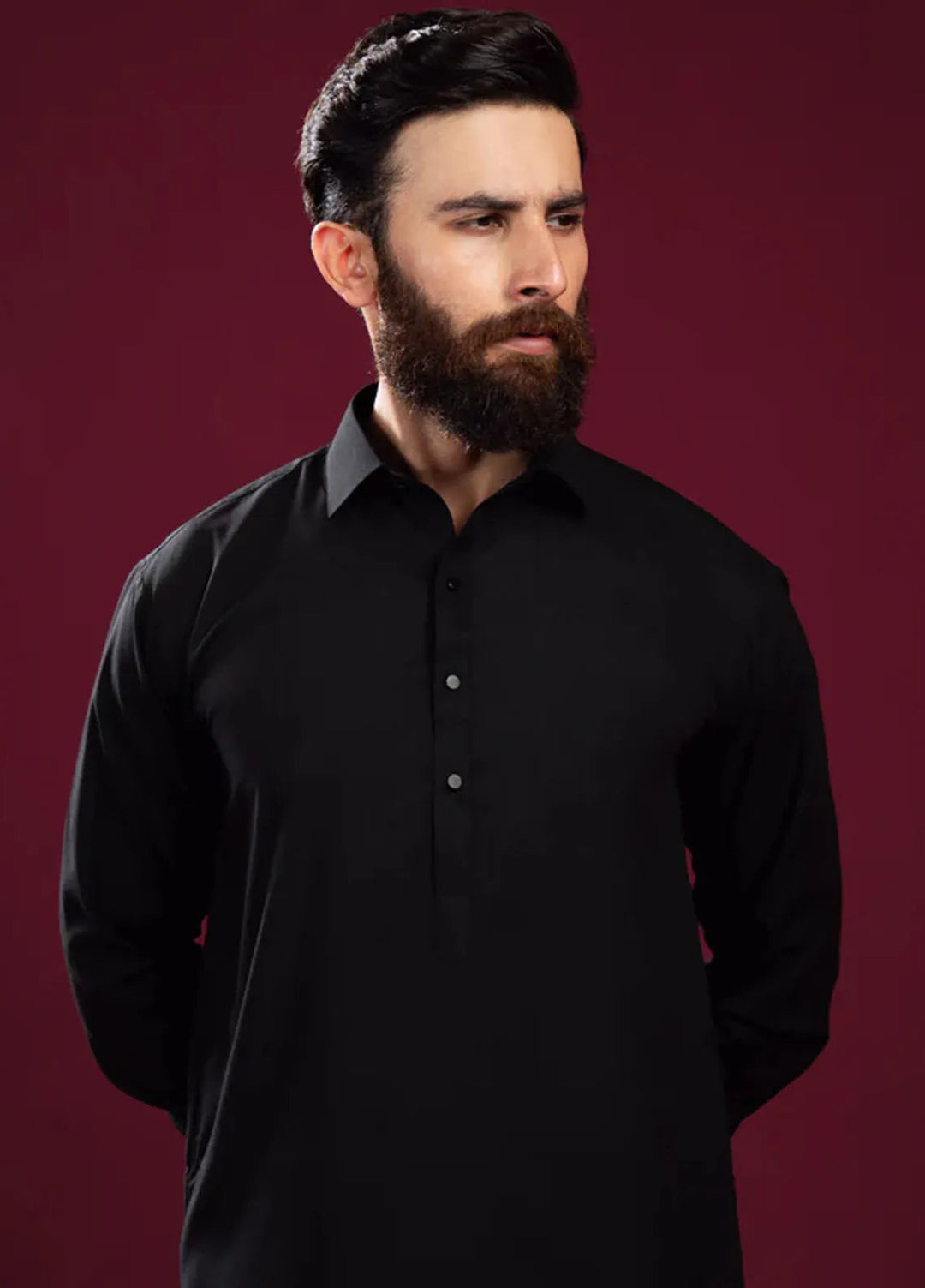 Muraqsh Blended Mens Black French Collar Kameez Shalwar