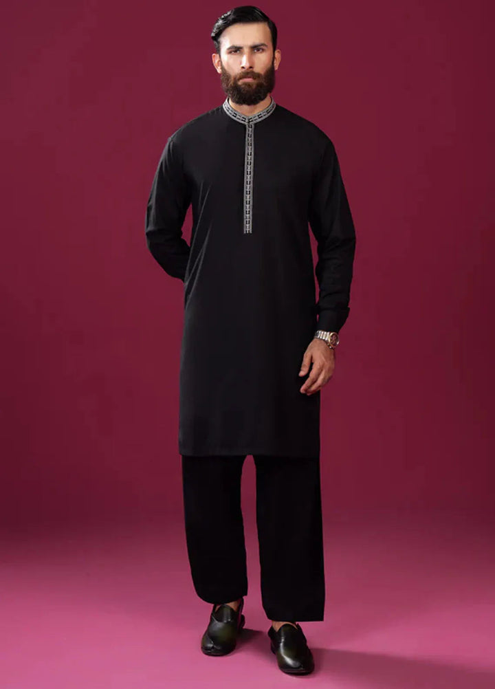 Muraqsh Blended Mens Formal Black Kurta Shalwar Falling Collar