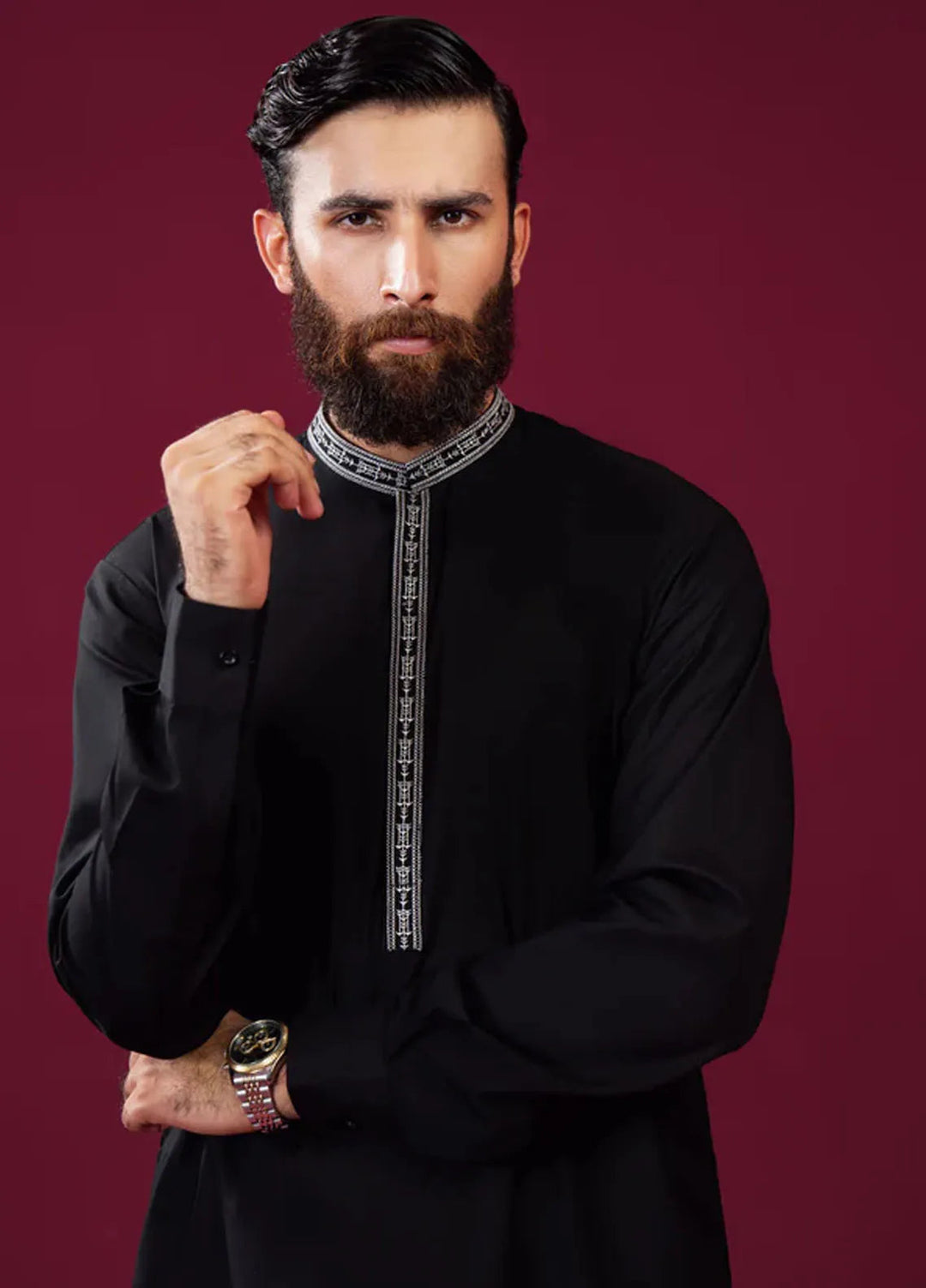 Muraqsh Blended Mens Formal Black Kurta Shalwar Falling Collar