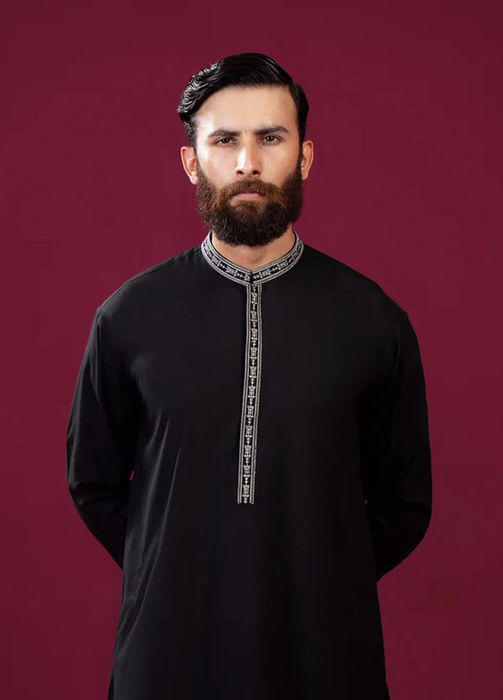 Muraqsh Blended Mens Formal Black Kurta Shalwar Falling Collar