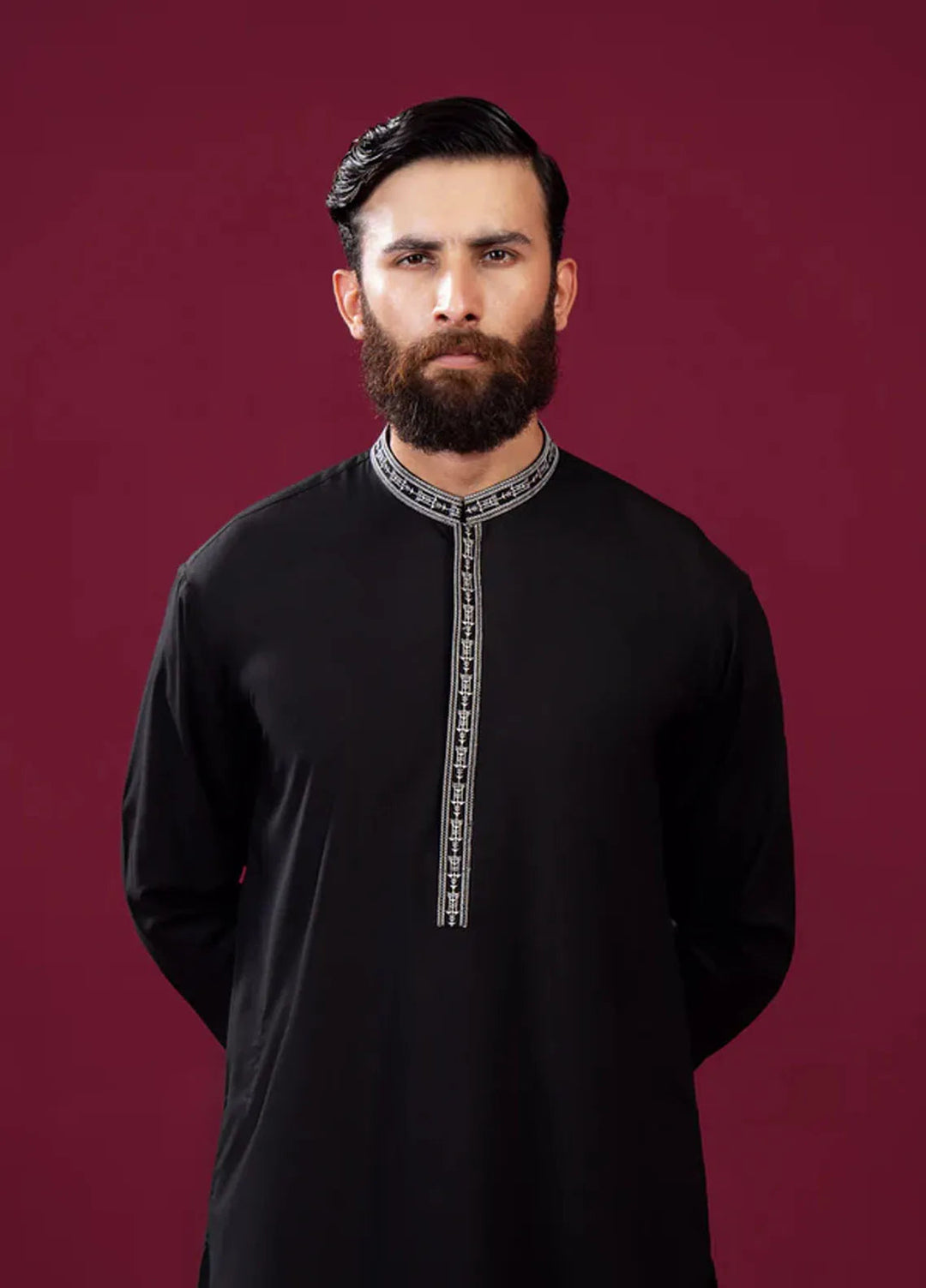 Muraqsh Blended Mens Formal Black Kurta Shalwar Falling Collar