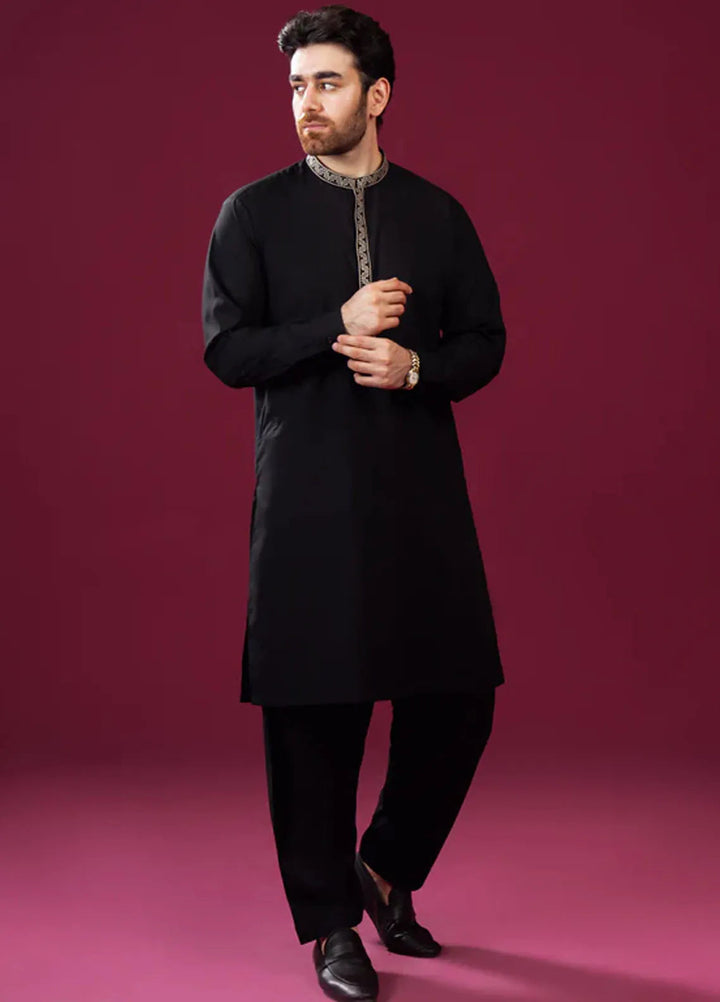 Muraqsh Blended Mens Formal Black Kurta Shalwar Pattern Collar