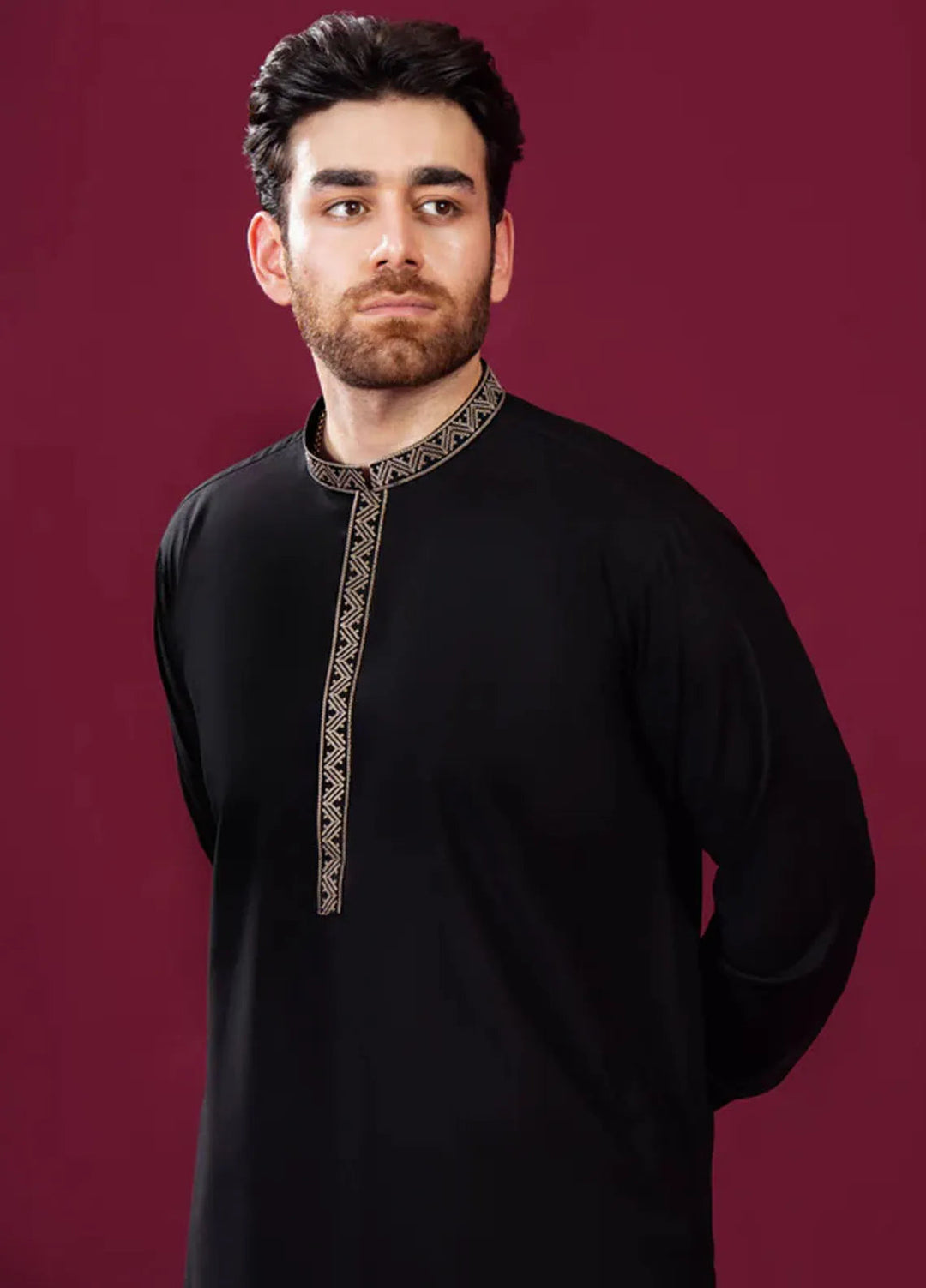 Muraqsh Blended Mens Formal Black Kurta Shalwar Pattern Collar