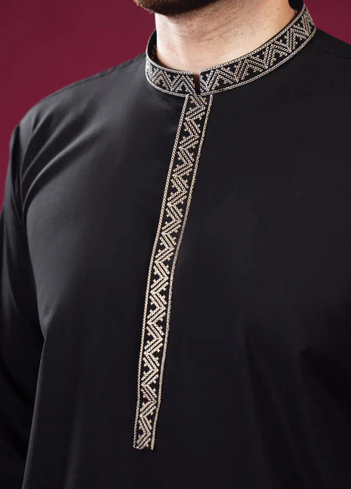Muraqsh Blended Mens Formal Black Kurta Shalwar Pattern Collar