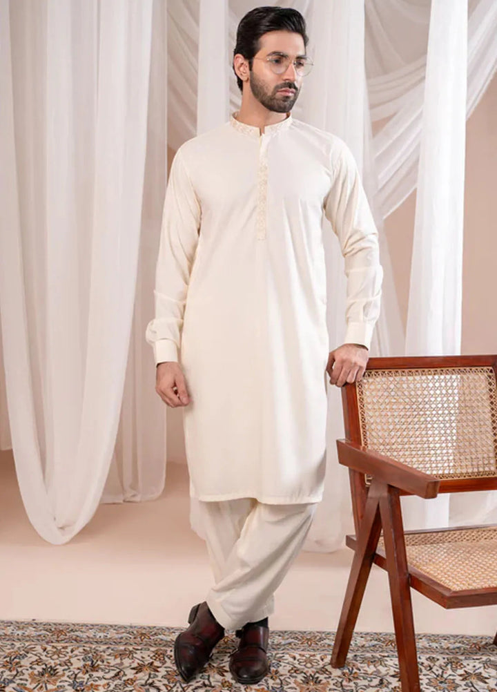Muraqsh Blended Mens Formal Bosky White Kurta Shalwar