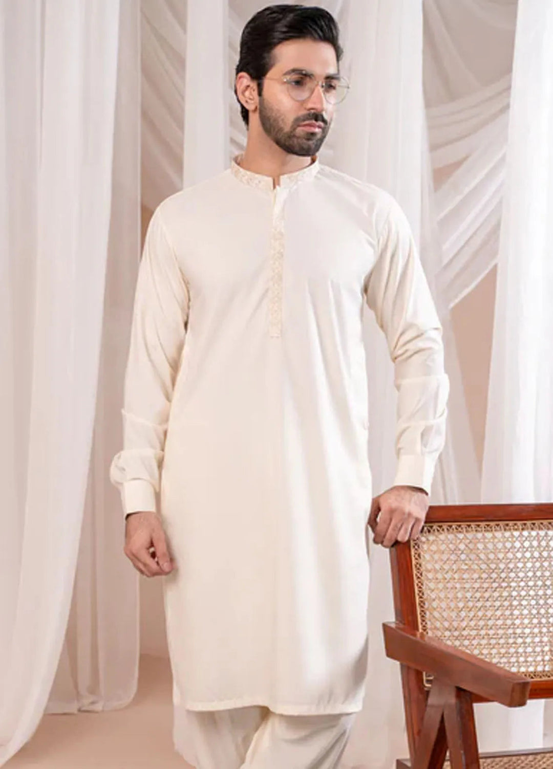 Muraqsh Blended Mens Formal Bosky White Kurta Shalwar