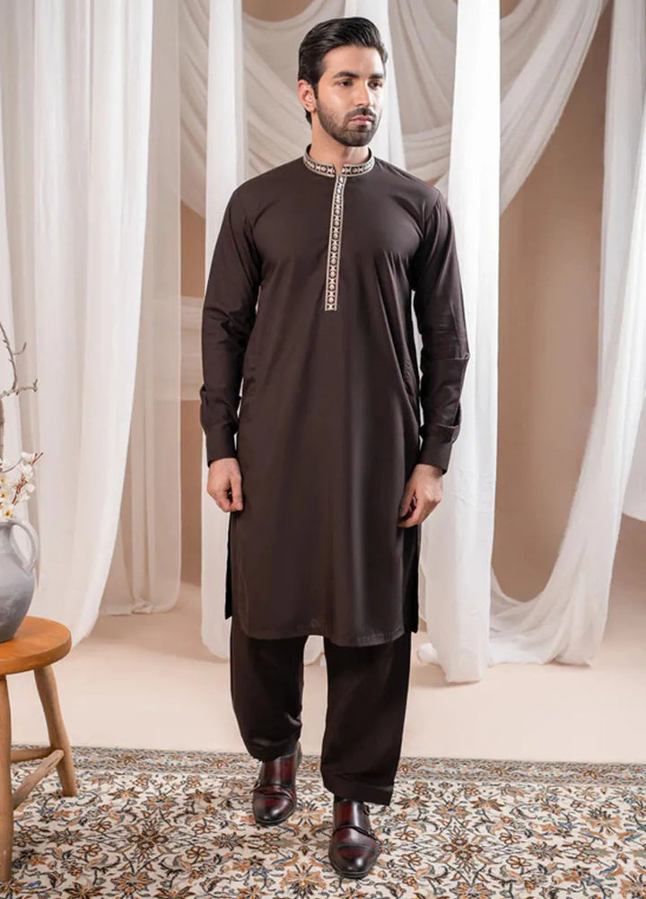 Muraqsh Blended Mens Formal Dark Brown Kurta Shalwar