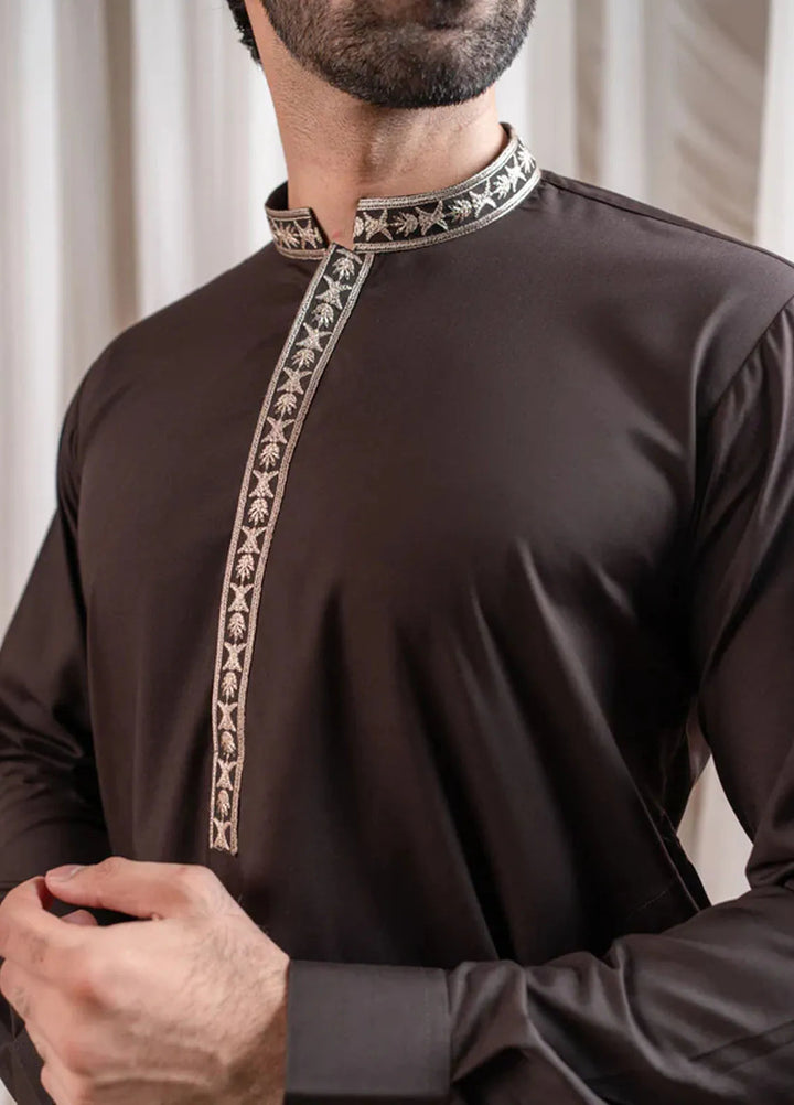 Muraqsh Blended Mens Formal Dark Brown Kurta Shalwar