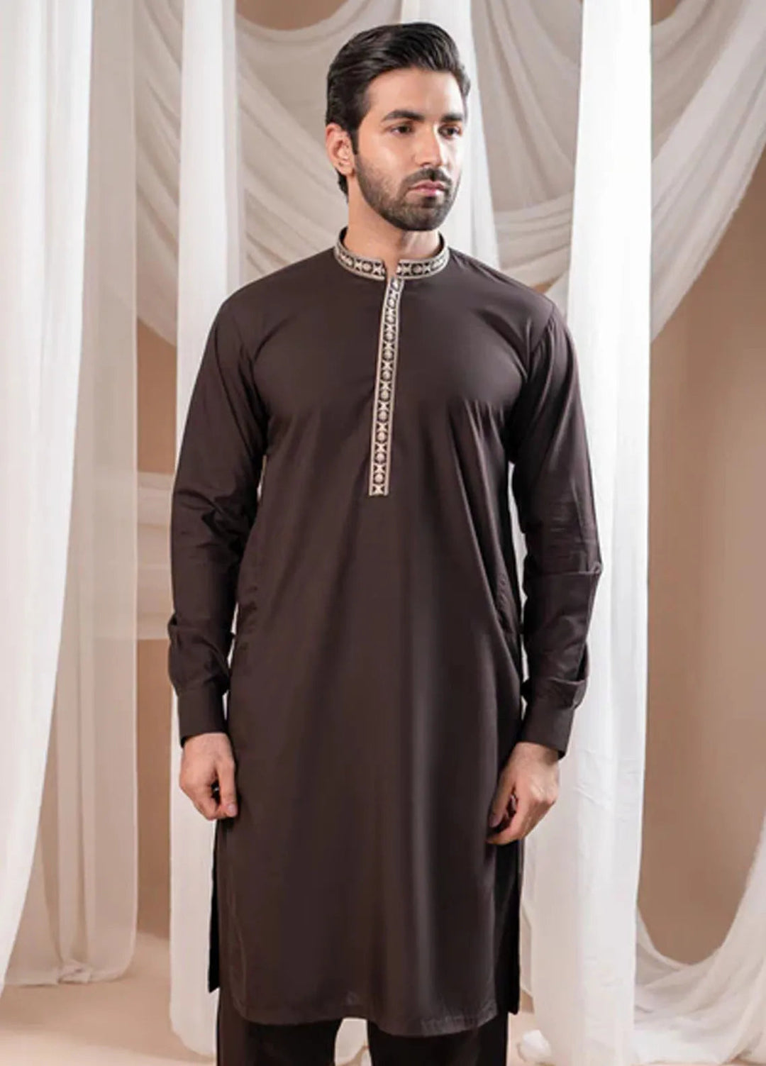 Muraqsh Blended Mens Formal Dark Brown Kurta Shalwar