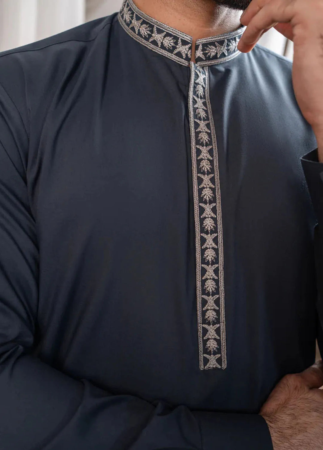 Muraqsh Blended Mens Formal Grey Kurta Shalwar