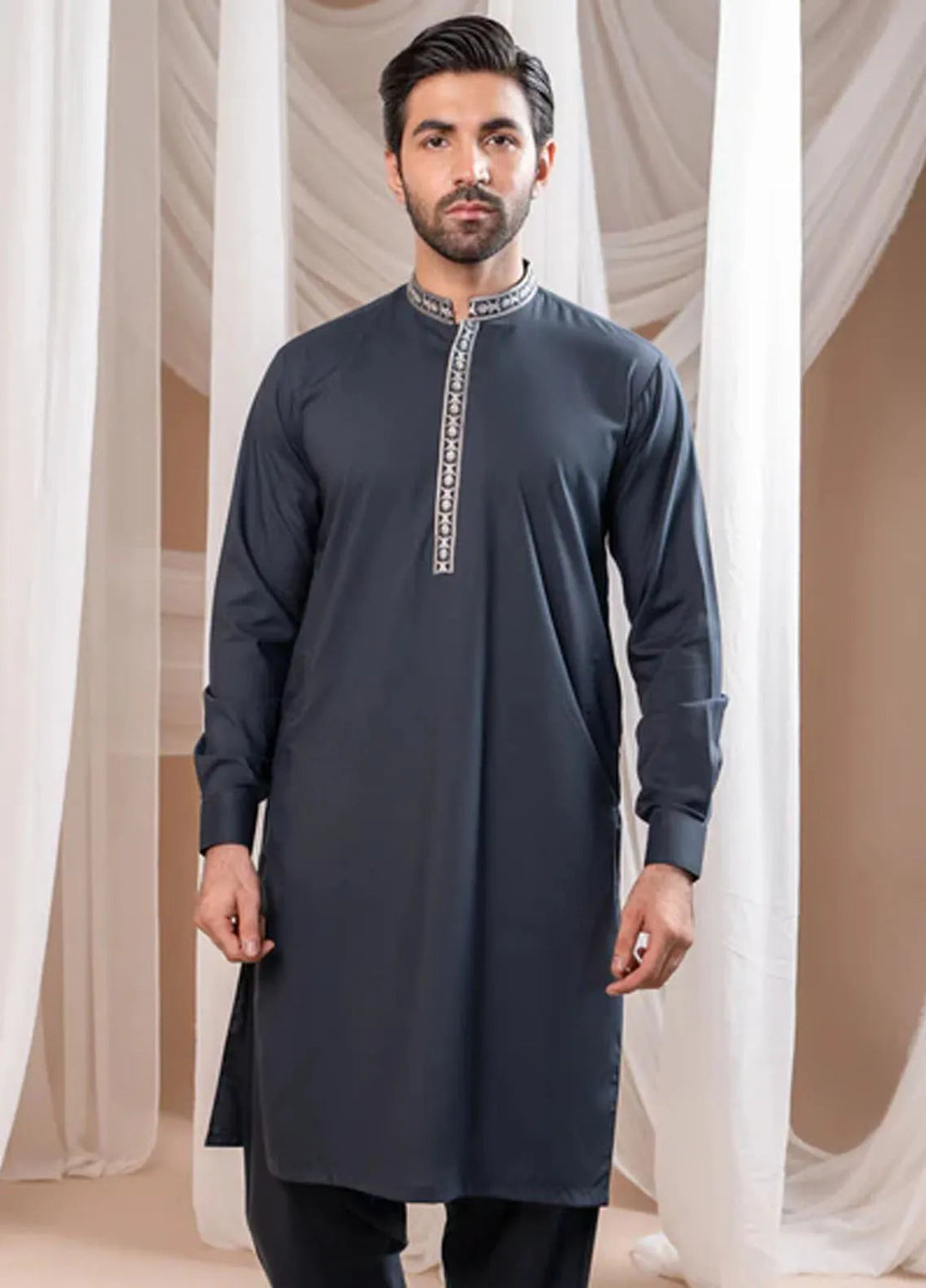 Muraqsh Blended Mens Formal Grey Kurta Shalwar