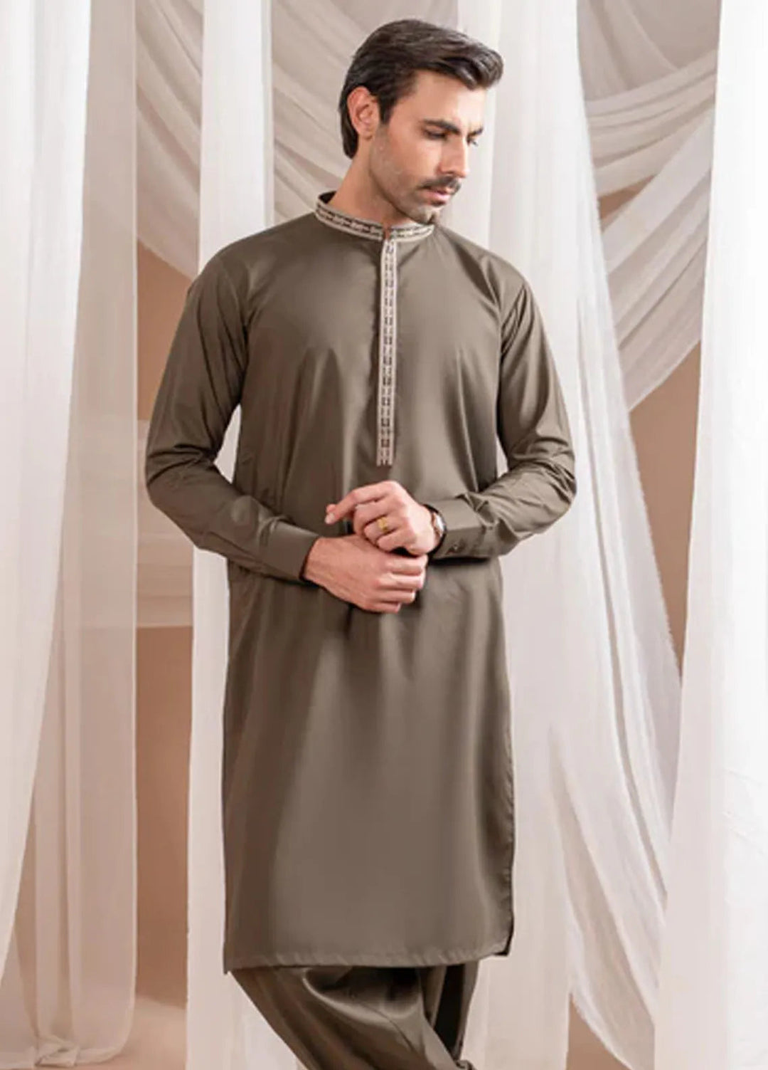 Muraqsh Blended Mens Formal Olive Green Kurta Shalwar