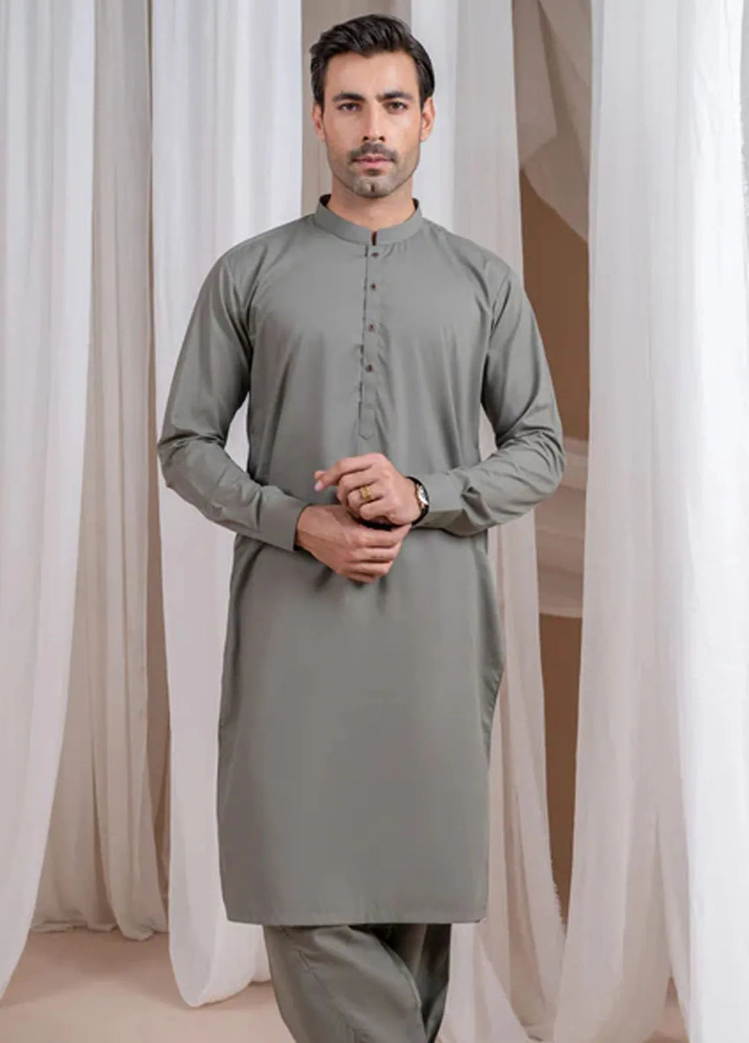 Muraqsh Blended Mens Sand Grey Luxury Blended Kurta Shalwar