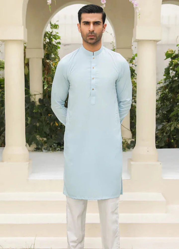 Muraqsh Blended Mens Sky Blue Kurta Trouser