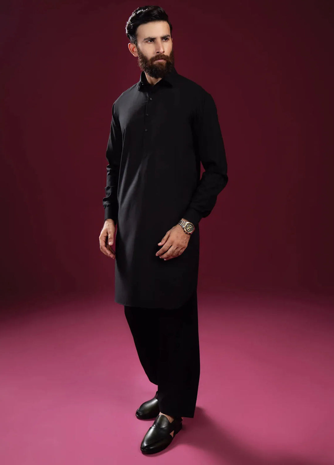 Muraqsh Blended Plain Mens Shalwar Kameez - Black French Collar
