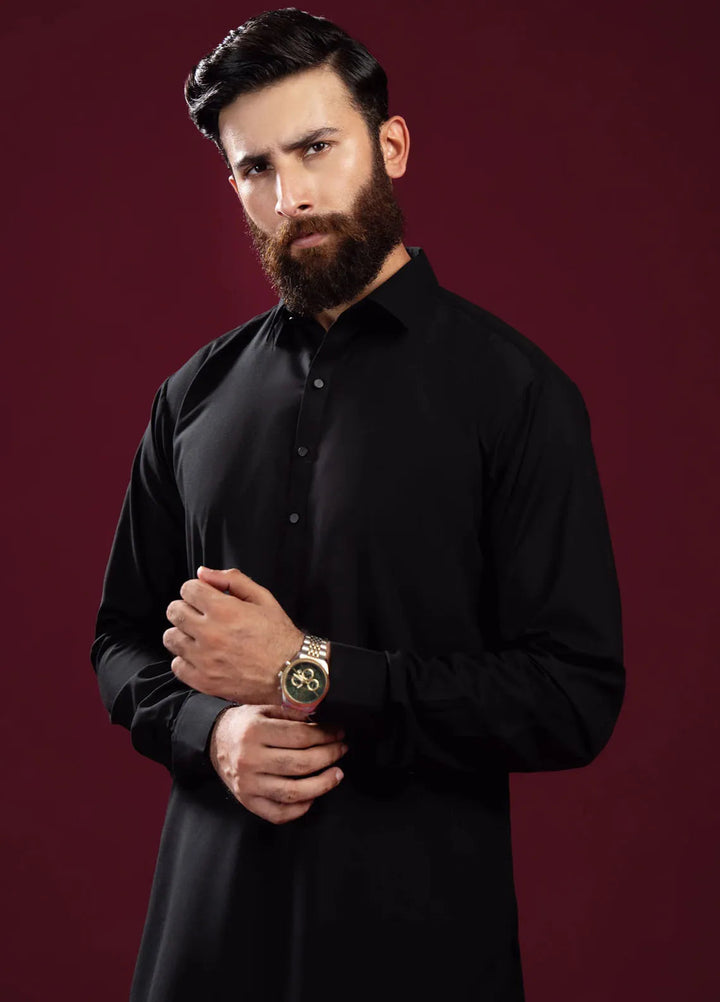 Muraqsh Blended Plain Mens Shalwar Kameez - Black French Collar