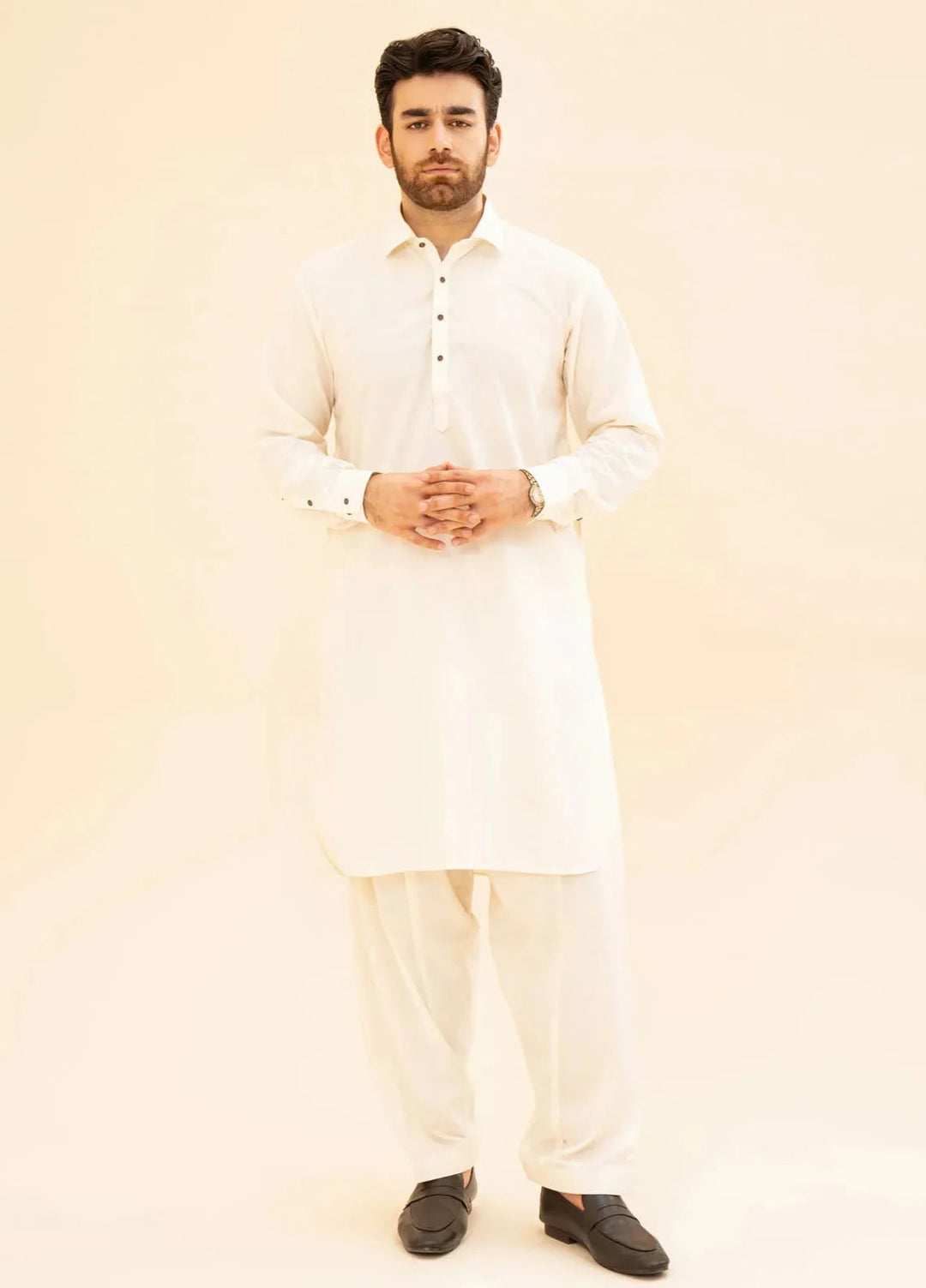 Muraqsh Blended Plain Mens Shalwar Kameez - Bosky White French Collar