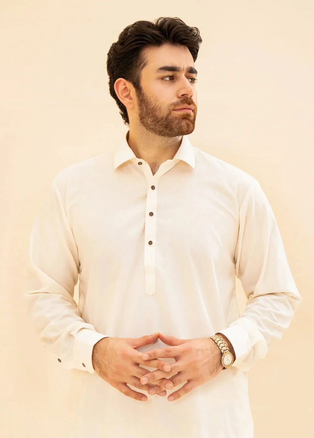 Muraqsh Blended Plain Mens Shalwar Kameez - Bosky White French Collar