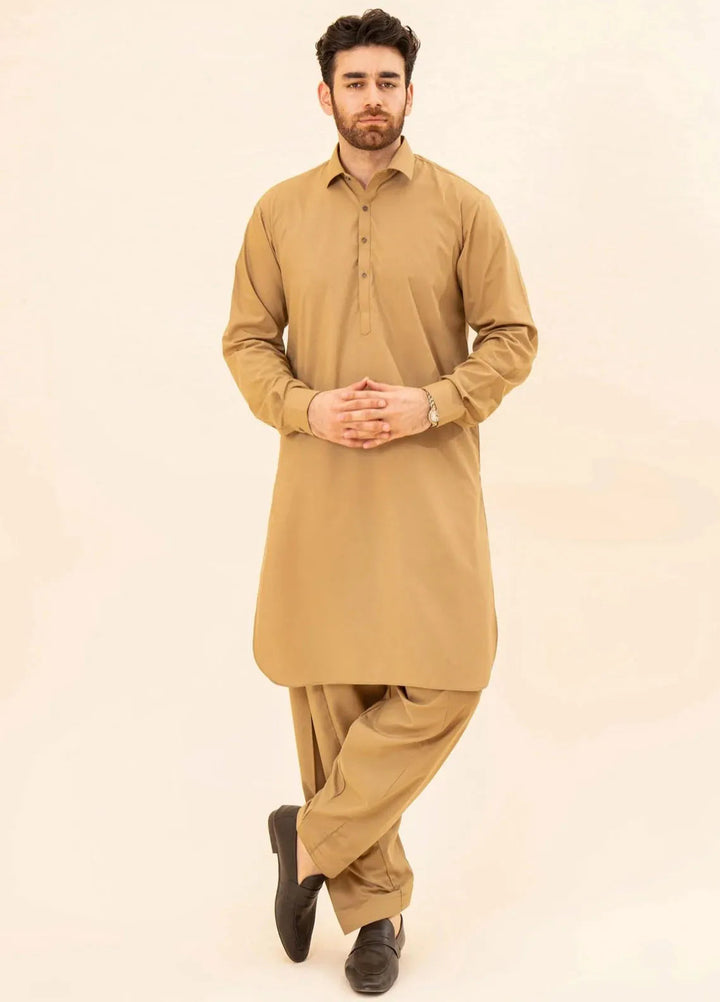 Muraqsh Blended Plain Mens Shalwar Kameez - Camel French Collar