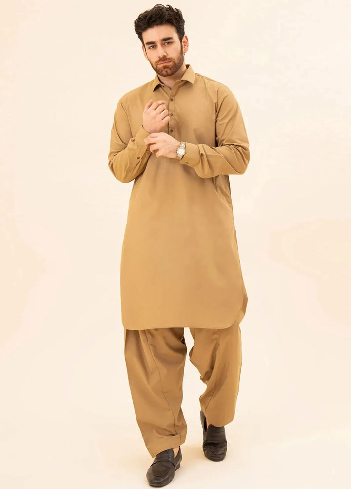 Muraqsh Blended Plain Mens Shalwar Kameez - Camel French Collar